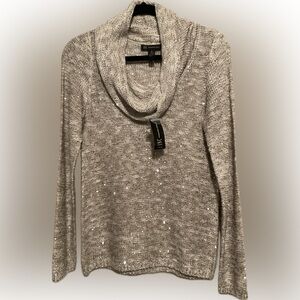 INC International Concepts Marled Knit Cowl Neck Sweater- Neutral w/Sequins -Med